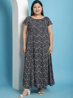 theRebelinme - Plus Size Womens Black Small Floral Printed A-Line Maxi Dress
