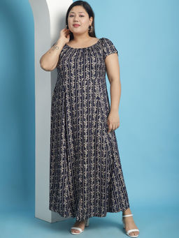 theRebelinme - Plus Size Womens Navy Gold Floral Printed A-Line Maxi Dress