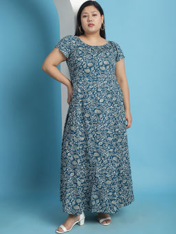 theRebelinme - Plus Size Womens Teal Floral Batik Printed A-Line Maxi Dress