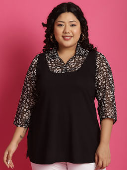 theRebelinme - Plus Size Womens Black & White Floral Printed Top