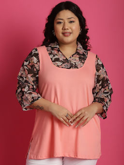 theRebelinme - Plus Size Womens Pink, Black And White Floral Printed Top