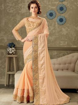 Odette - Peach Lycra Designer Saree with Unstitched Blouse