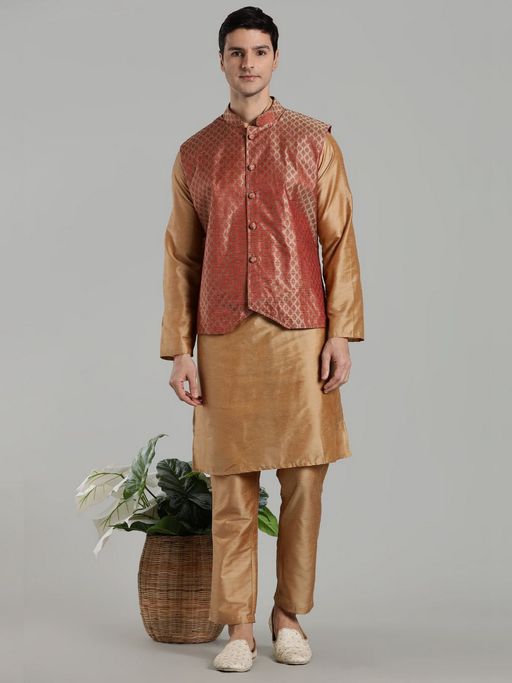 Abhishti Beige Kurta And Pant With Red Woven Design Nehru Jacket