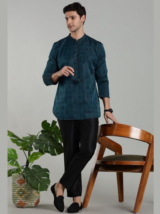 Abhishti Teal Jacquard Short Kurta With Pant