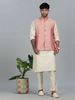 Abhishti - Beige Kurta Pant With Pink Woven Design Nehru Jacket
