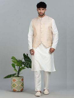 Abhishti - Off White Kurta Pant With Gold And White Brocade Nehru Jacket