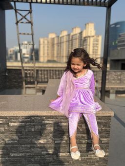The Little Tales - Light Purple Velvet Angrakha Style Kurta with Dhoti and Dupatta