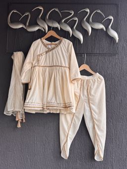 The Little Tales - Off White Purple Velvet Angrakha Style Kurta with Dhoti and Dupatta