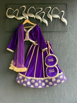 The Little Tales - Purple Velvet Lotus Blouse with Lehenga & Dupatta
