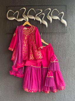 The Little Tales - Pink Brocade Peplum Kurta with Sharara & Dupatta