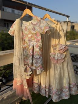 The Little Tales - Multicolor Peplum Scallop Embroidered Kurta with Lehenga & Dupatta