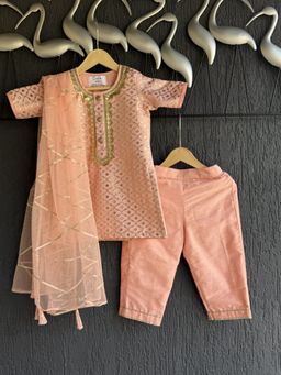 The Little Tales - Peach Chanderi Embellished Kurta with Pyjama & Dupatta