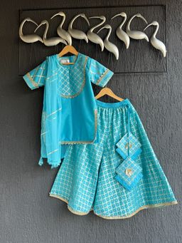 The Little Tales - Blue Chanderi Silk Embroidered Kurta with Palazzo & Dupatta
