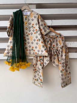 The Little Tales - Beige Marigold Floral Print Kurta with Salwar & Dupatta
