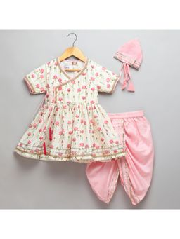 The Little Tales - Off White Lotus Print Angrakha Kurta with Dhoti & Mukut