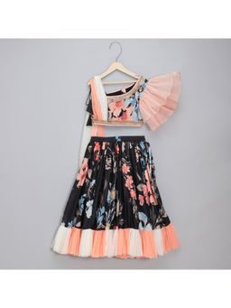 The Little Tales - Black Floral Print Blouse with Attach Dupatta & Lehenga