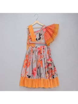 The Little Tales - Grey Floral Print Blouse with Attach Dupatta & Lehenga