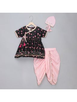 The Little Tales - Black Lotus Print Angrakha Kurta with Dhoti & Mukut