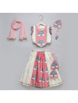 The Little Tales - Girls Cow Printed Blouse with Lehenga & Dupatta