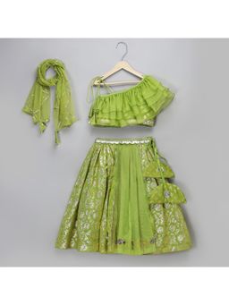 The Little Tales - Green Organza Frill Chanderi Blouse with Lehenga & Dupatta