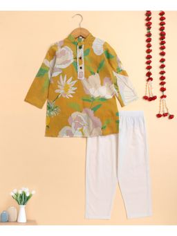 The Magic Wand - Mustard Cambric Full Sleeves Big Floral Lace Detail Kurta & Pyjama