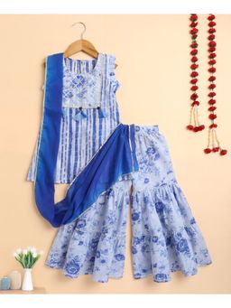The Magic Wand - Blue Cambric Yoke Kurta with Floral Sharara & Dupatta