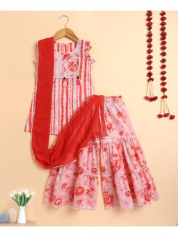 The Magic Wand - Red Cambric Yoke Kurta with Floral Sharara & Dupatta