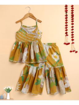 The Magic Wand - Mustard Cambric Spaghetti Big Floral Printed Kurta & Sharara