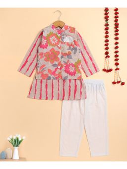 The Magic Wand - Pink Cambric Full Sleeves Floral Printed Kurta with Pyjama & Jacket