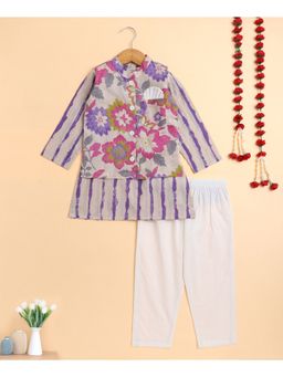 The Magic Wand - Purple Cambric Floral Print Kurta with Pyjama & Jacket