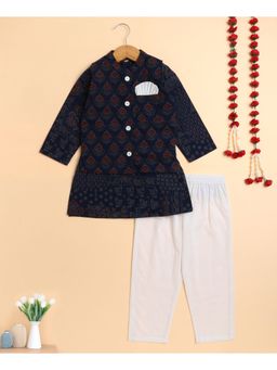 The Magic Wand - Navy Blue Cambric Floral Print Kurta with Pyjama & Jacket