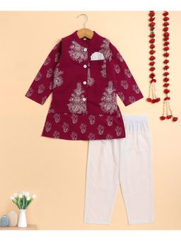 The Magic Wand - Wine Cambric Full Sleeves Floral Printed Kurta with Pyjama & Jacket