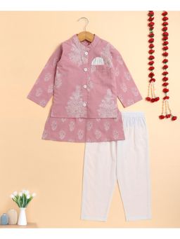 The Magic Wand - Pink Cambric Full Sleeves Floral Printed Kurta with Pyjama & Jacket