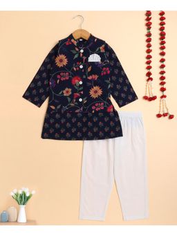 The Magic Wand - Navy Blue Cambric Floral Print Kurta with Pyjama & Jacket
