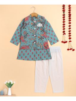 The Magic Wand - Green Cambric Full Sleeves Floral Printed Kurta with Pyjama & Jacket