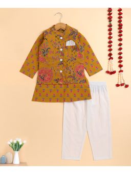 The Magic Wand - Mustard Cambric Floral Print Kurta with Pyjama & Jacket