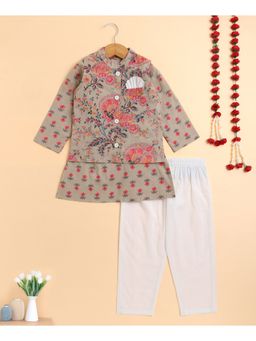 The Magic Wand - Taupe Cambric Full Sleeves Floral Printed Kurta with Pyjama & Jacket