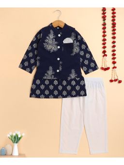 The Magic Wand - Navy Blue Cambric Floral Print Kurta with Pyjama & Jacket