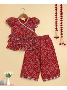 The Magic Wand - Red Woven Bandhani Printed Ruffle Layered Top and Pant