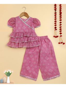 The Magic Wand - Pink Woven Bandhani Printed Ruffle Layered Top and Pant
