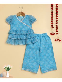 The Magic Wand - Blue Woven Bandhani Printed Ruffle Layered Top and Pant