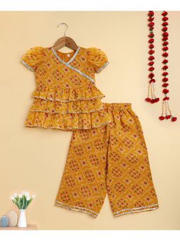 The Magic Wand - Yellow Woven Bandhani Printed Ruffle Layered Top and Pant