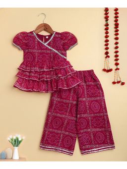 The Magic Wand - Pink Woven Bandhani Printed Ruffle Layered Top and Pant