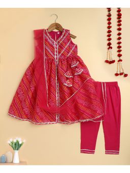 The Magic Wand - Pink Sleeveless Bandhani Printed Kurta and Pant with Dupatta