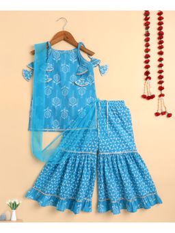 The Magic Wand - Blue Cambric Shoulder Tie Ups Printed Kurta with Sharara & Dupatta