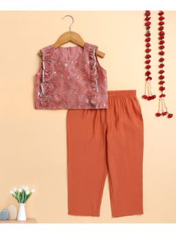 The Magic Wand - Peach Chanderi Woven Sleeves Foil Printed Top and Pant