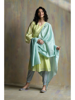 Charkhee - Lime Yellow Chanderi Kurta with Joggers (Set of 3)