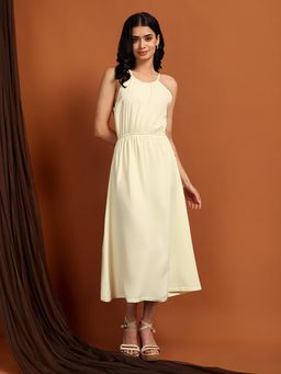 IKI CHIC - Women Solid Cream Cut-Out Waist Dress for Casual and Party Wear