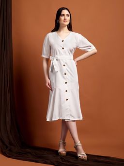 IKI CHIC - White Button-Down Dress with Belt for Women
