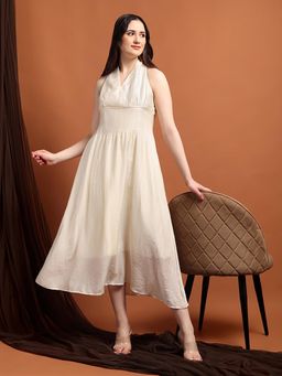 IKI CHIC - Women Butter Ivory Halter Neck Long Fit and Flare Dress